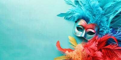AI generated Entertainment with a masque mask featuring feathers on electric blue background photo