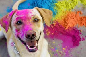 ai generado adular carnívoro perro con bigotes cubierto en de colores polvo y sonriente foto