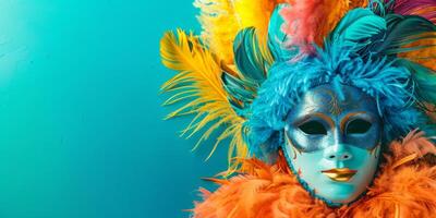 AI generated a colorful mask with feathers on it is on a blue background photo