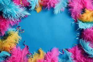 AI generated Product made of colorful feathers on aqua background photo