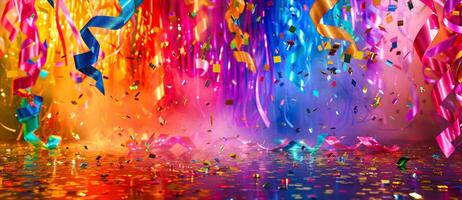AI generated Vibrant confetti and streamers cascade over a liquid purple backdrop photo