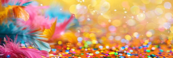 AI generated Colorful feathers and confetti create a vibrant mixture on a yellow background photo