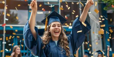 ai generado un mujer en un graduación gorra y vestido es celebrando con su brazos en el aire foto