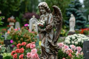 AI generated A sculpture of an angel adorned with a bouquet of flowers in a cemetery photo