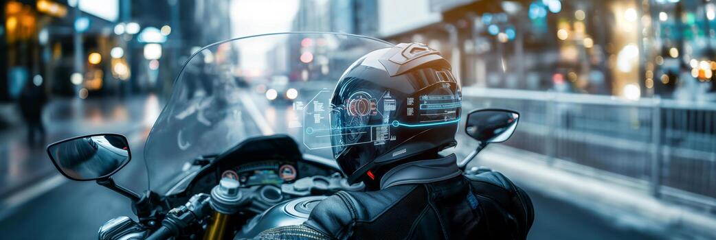 AI generated Man on motorcycle with building lights reflecting off vehicle at night photo