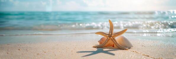 AI generated An invertebrate starfish rests on a shell by the water on the beach photo