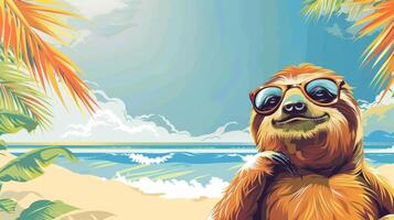 AI generated A stylish sloth relaxes on the beach wearing sunglasses photo