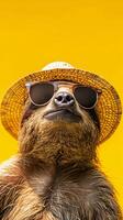 AI generated a sloth wearing a hat and sunglasses on a yellow background photo