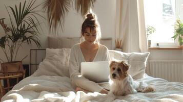 AI generated Woman relaxing on bed with dog, using laptop for leisure on hardwood flooring photo