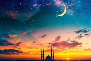 AI generated Mosque silhouette with crescent moon in afterglow sky photo