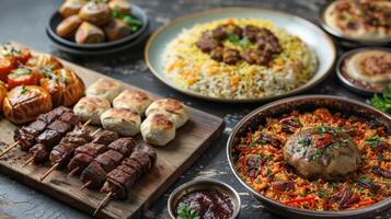 AI generated Eid al-Adha. A variety of food, ingredients, and dishes are displayed on the table photo