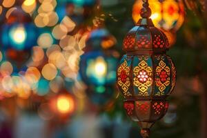 AI generated a close up of a colorful lantern hanging from a tree photo