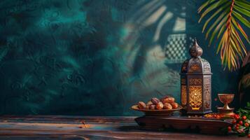 AI generated An artful display of a lantern, dates, and palm leaves on a wooden table photo