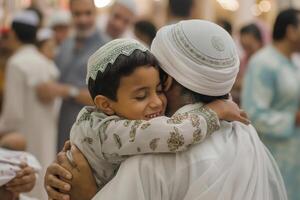 ai generado eid al-adha. un hombre es compartiendo un contento gesto por abrazando un joven niñito en un concurrido evento. eso es un reconfortante adaptación de amor y cuidado en un mar de personas foto