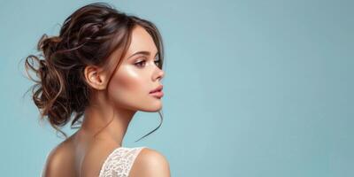AI generated Happy woman in white dress with hair in bun, elegant gesture and radiant face photo