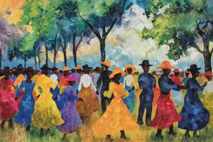AI generated Juneteenth. An artist captured people in nature dancing in a park in a beautiful painting photo