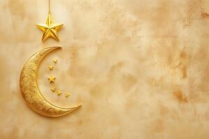 AI generated Gold crescent moon and star on brown wood background photo