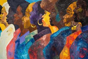 AI generated Juneteenth. A painted scene of people aligned together in electric blue attire photo