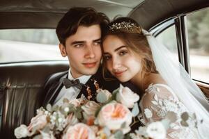 AI generated Bride and groom in car, her wedding dress flowing, both smiling and happy photo