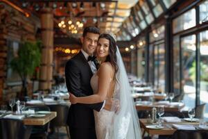 AI generated Bride and groom posing happily for flash photography at restaurant photo