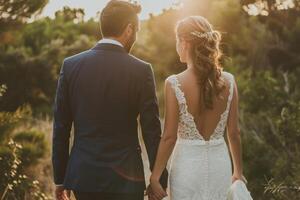 AI generated a bride and groom are walking through a field holding hands photo