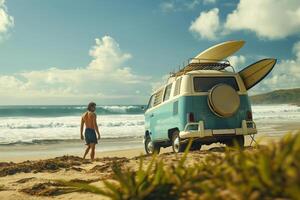 ai generado hombre en playa siguiente a camioneta con tabla de surf en arriba, debajo nubes y azul cielo foto