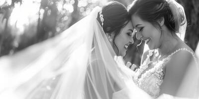 AI generated Blackandwhite photo of two brides hugging in bridal attire
