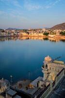 View of famous indian sacred city Pushkar with Pushkar ghats. Rajasthan, India photo