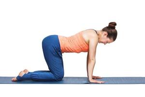 hermosa deportivo ajuste yogui niña practicas yoga asana bitilasana foto