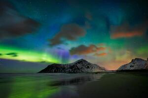 Aurora borealis northern lights. Lofoten islands, Norway photo