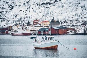 Embarcacion en hamnoy pescar pueblo en lofoten islas, Noruega foto
