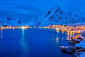 Reine village at night. Lofoten islands, Norway photo