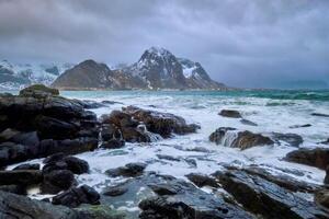 Rocky coast of fjord in Norway photo