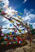 budista oración banderas en Himalaya foto