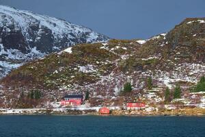 Rd rorbu houses in Norway in winter photo