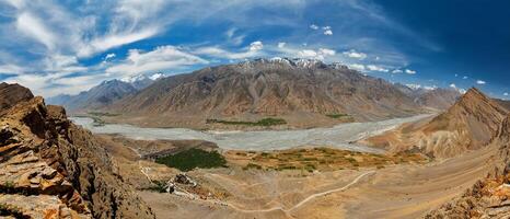 Aerial panorama of Spiti valley and Key gompa in Himalayas photo