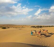 Two cameleers camel drivers with camels in dunes of Thar desert India Rajasthan photo