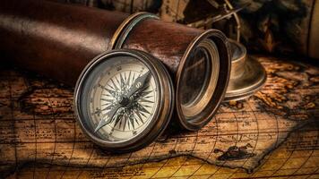 Old vintage compass on ancient map photo