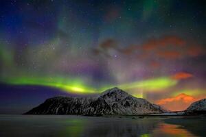 Aurora borealis northern lights. Lofoten islands, Norway photo