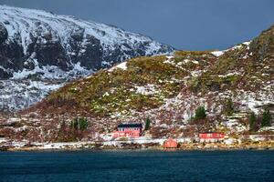 Red rorbu houses in Norway in winter photo