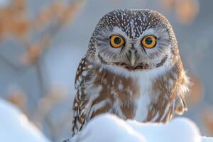 AI generated Closeup of a barred owl Athene noctua in winter photo