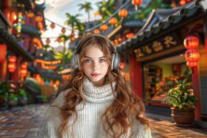 AI generated girl with headphones on pixelated digital colorful background, immersion in gaming virtual reality photo