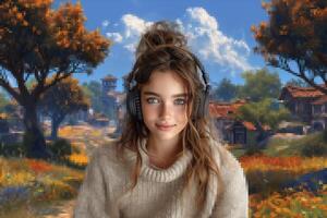 AI generated young woman on pixelated digital colorful background, immersion in gaming virtual reality photo