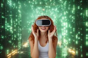 AI generated technology, virtual reality, entertainment and people concept - smiling young woman with virtual reality headset or 3d glasses over green lights background photo
