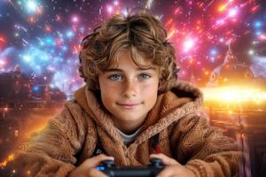 AI generated boy with a game console controller in his hands dissolves in a pixelated gaming digital reality photo