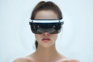 AI generated beautiful young woman in virtual reality glasses. Future technology concept. photo