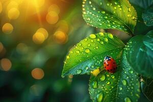 ai generado hermosa mariquita en verde hoja con agua gotas. naturaleza antecedentes. foto