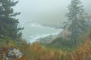 AI generated coastal rainy landscape, foggy morning on a steep bank, blurred background photo