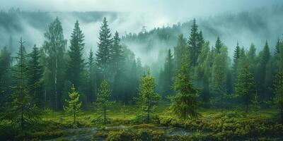 AI generated Foggy morning in mountain coniferous forest. Panorama. photo