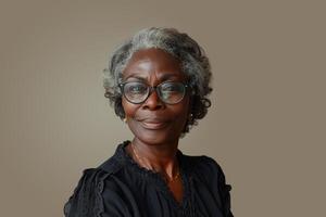 ai generado retrato de sonriente mayor africano mujer vistiendo los anteojos en un sólido gris antecedentes foto